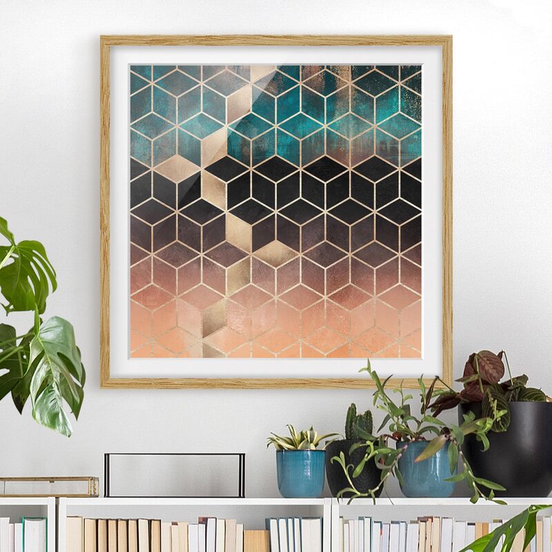 

Póster enmarcado - Turchese Rosa d'Oro Geometria Dimensión LxA: 50cm x 50cm, Marco: Roble