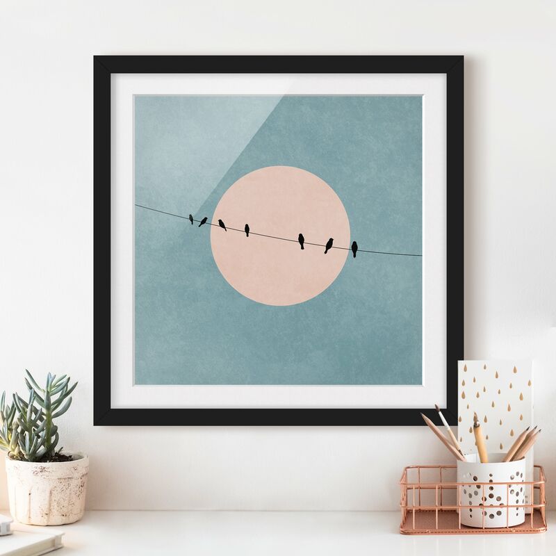 

Póster enmarcado - Uccelli davanti a sole rosa I Dimensión LxA: 30cm x 30cm, Marco: Negro