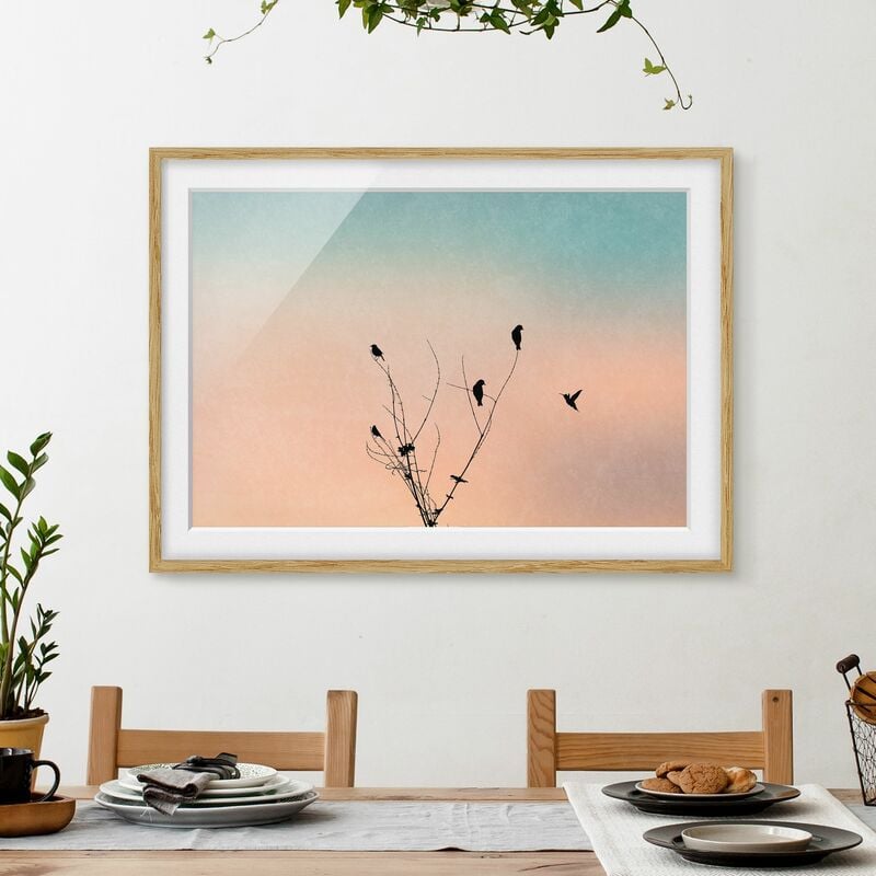 

Póster enmarcado - Uccelli davanti al sole rosa II Dimensión LxA: 30cm x 40cm, Marco: Roble