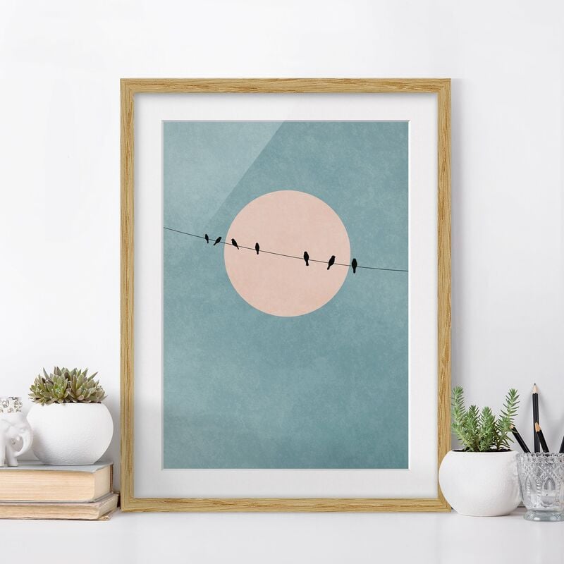 

Póster enmarcado - Uccelli davanti a sole rosa I Dimensión LxA: 55cm x 40cm, Marco: Roble