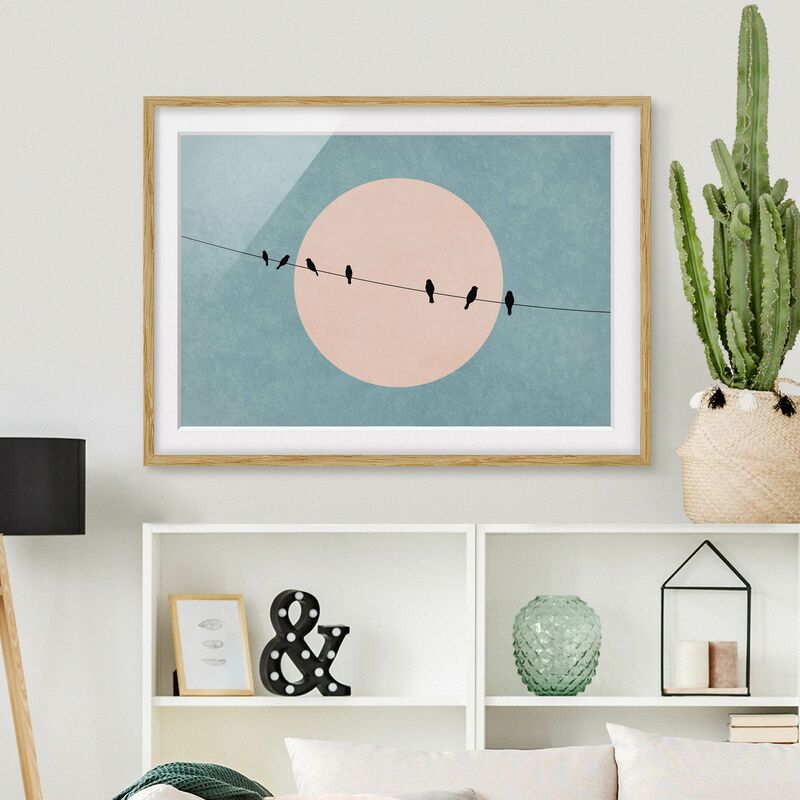 

Póster enmarcado - Uccelli davanti a sole rosa I Dimensión LxA: 70cm x 100cm, Marco: Roble