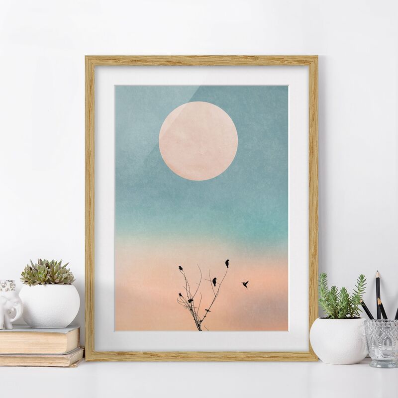 

Póster enmarcado - Uccelli davanti al sole rosa II Dimensión LxA: 100cm x 70cm, Marco: Roble
