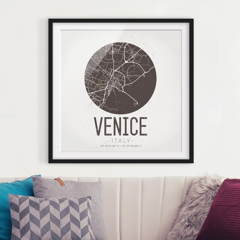 

Póster enmarcado - Venice City Map - Retro Dimensión LxA: 70cm x 70cm, Marco: Negro