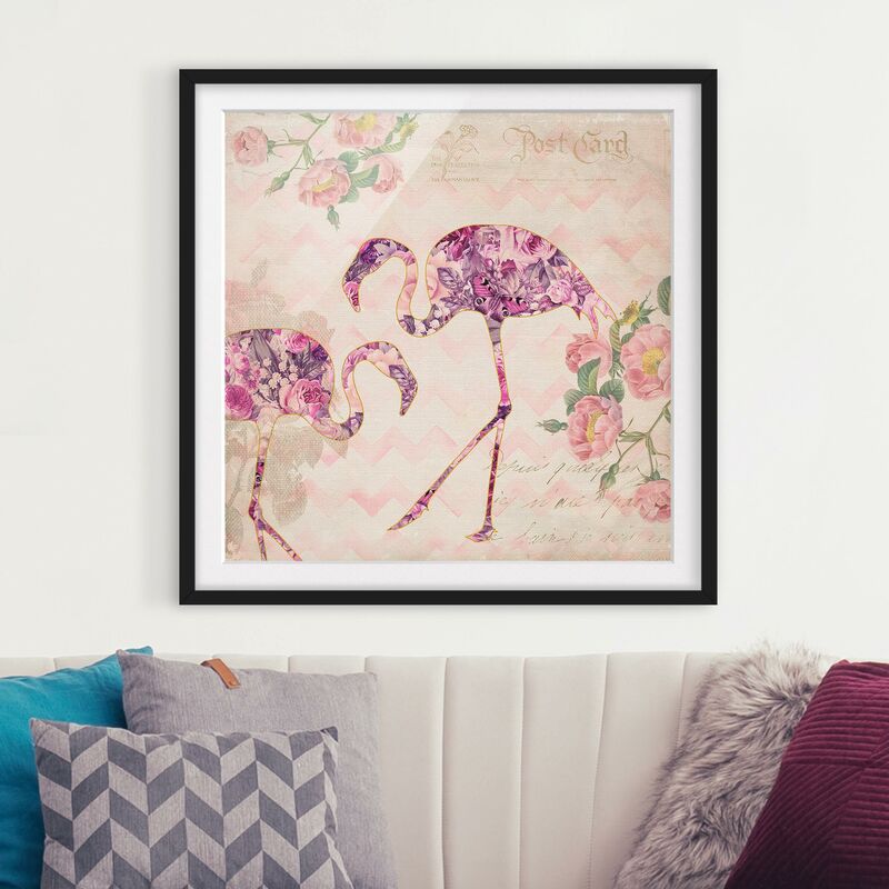 

Póster enmarcado - Vintage Collage - Fenicotteri rosa Fiori Dimensión LxA: 50cm x 50cm, Marco: Negro