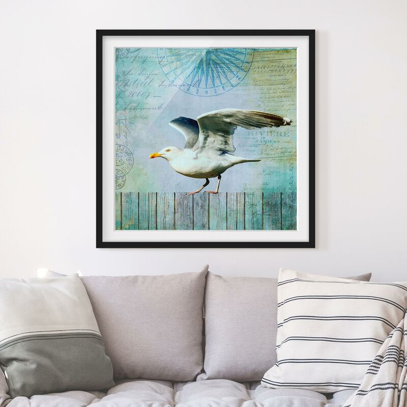 

Póster enmarcado - Vintage Collage - Gabbiano su tavole di legno Dimensión LxA: 30cm x 30cm, Marco: Negro