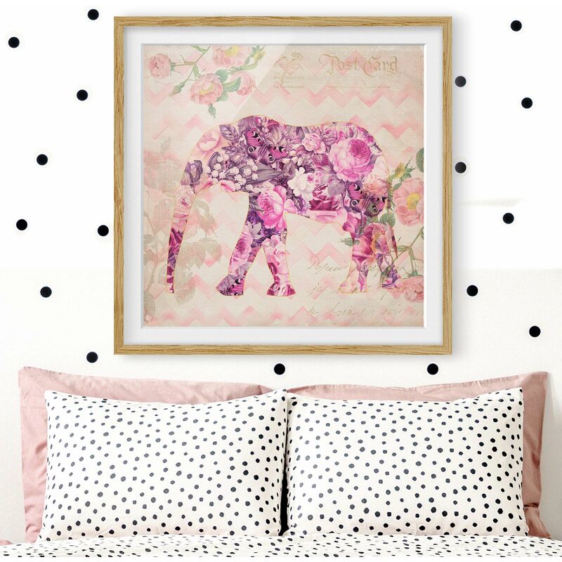 

Póster enmarcado - Vintage Collage - Pink Elephant Fiori Dimensión LxA: 50cm x 50cm, Marco: Roble