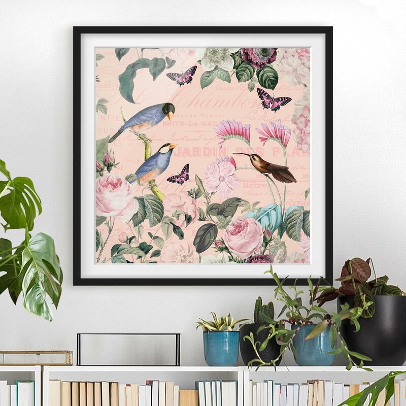 

Póster enmarcado - Vintage Collage - rose e uccelli Dimensión LxA: 70cm x 70cm, Marco: Negro