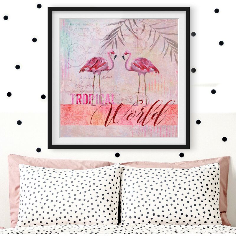

Póster enmarcado - Vintage Collage - Tropical World Flamingos Dimensión LxA: 20cm x 20cm, Marco: Negro