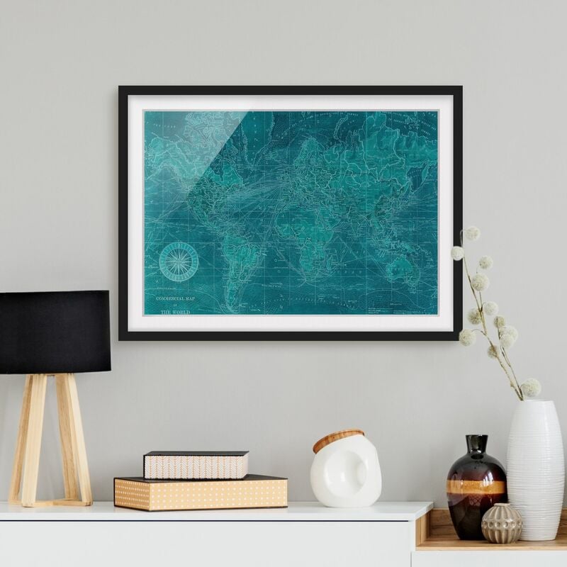 

Póster enmarcado - Vintage Mappa del mondo Azure Dimensión LxA: 70cm x 100cm, Marco: Negro