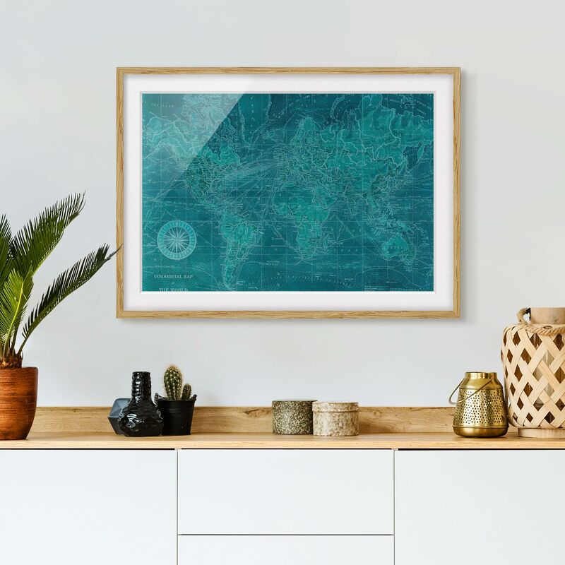 

Póster enmarcado - Vintage Mappa del mondo Azure Dimensión LxA: 50cm x 70cm, Marco: Roble