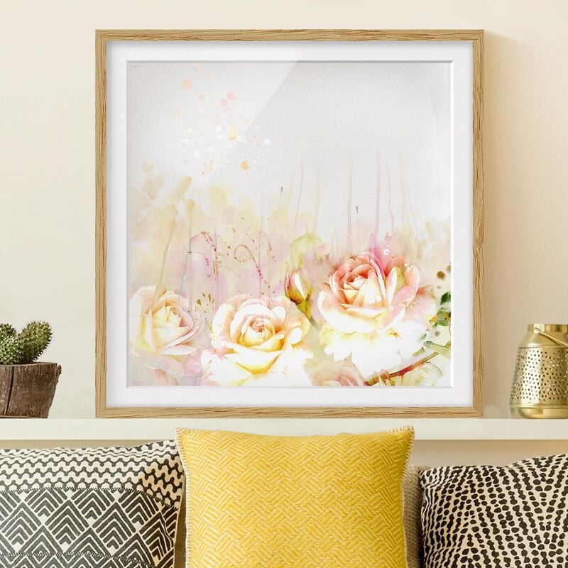 

Póster enmarcado - Watercolor Flowers Roses Dimensión LxA: 20cm x 20cm, Marco: Roble