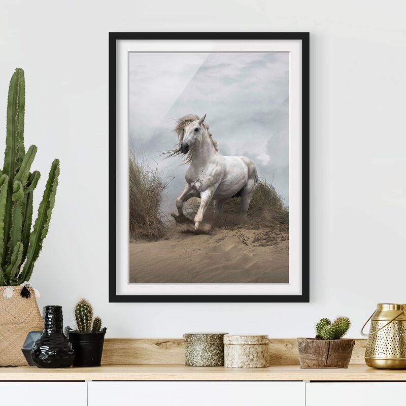 

Póster enmarcado - White Horse In The Dunes Dimensión LxA: 100cm x 70cm, Marco: Negro