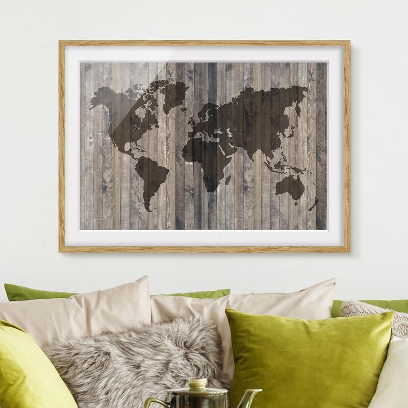 

Póster enmarcado - Wooden World Map Dimensión LxA: 50cm x 70cm, Marco: Roble