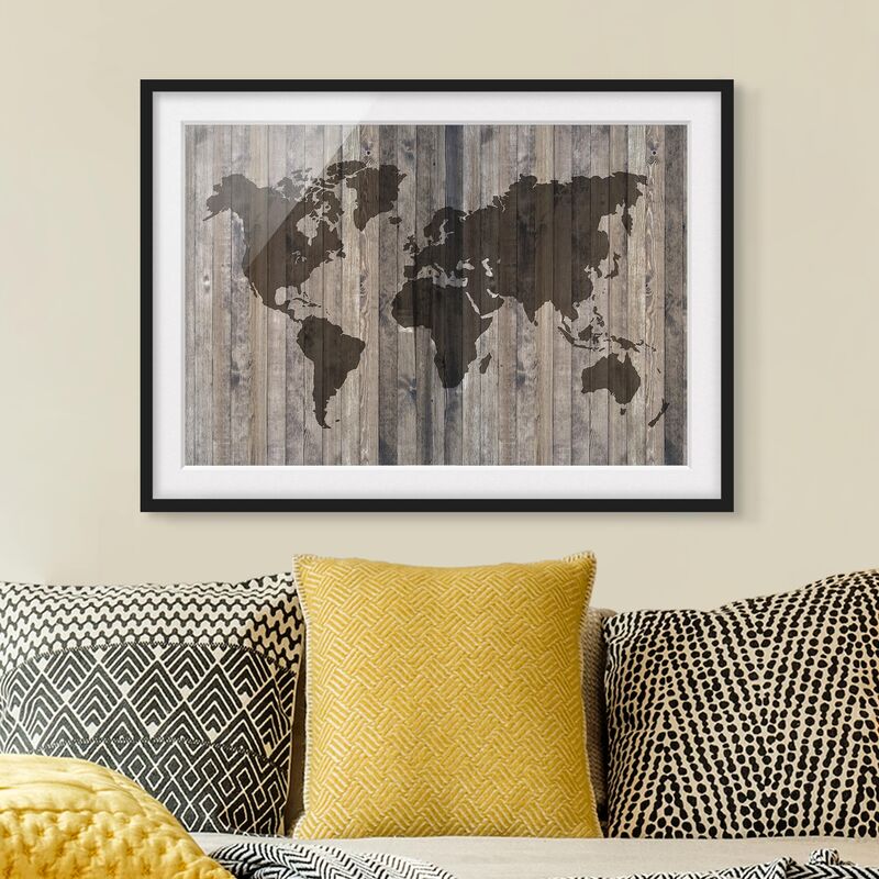 

Póster enmarcado - Wooden World Map Dimensión LxA: 30cm x 40cm, Marco: Negro