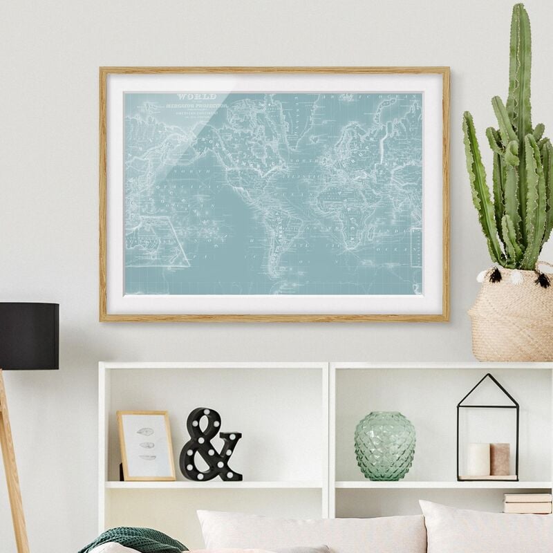 

Póster enmarcado - World Map In Ice Blue Dimensión LxA: 50cm x 70cm, Marco: Roble