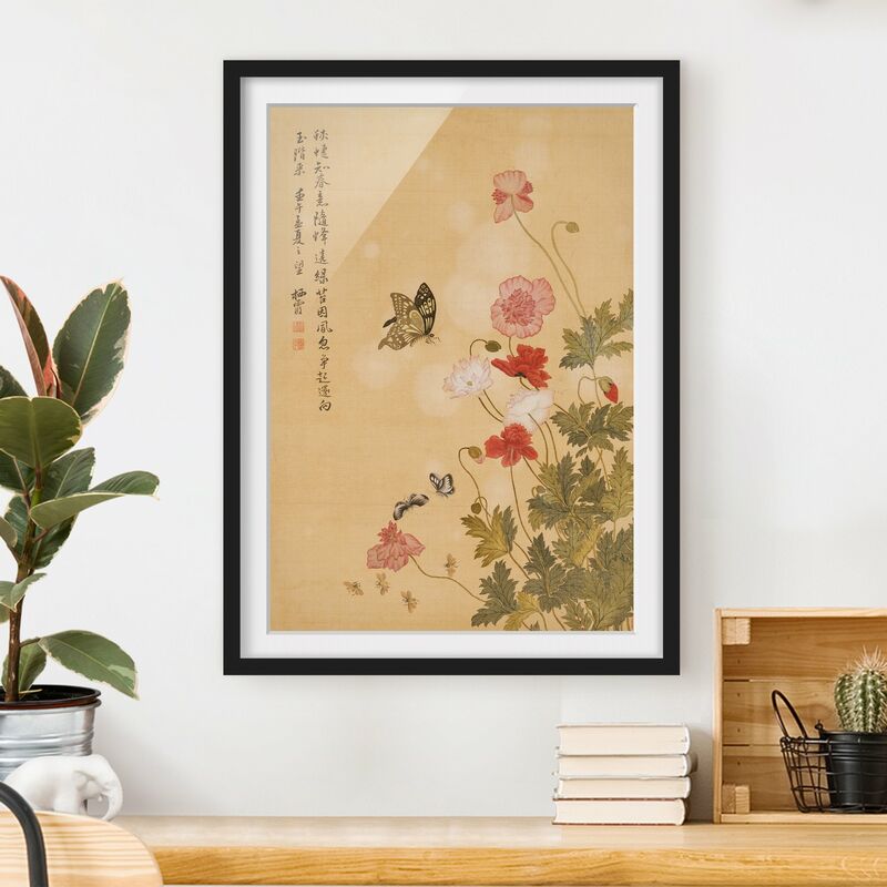 

Póster enmarcado - Yuanyu Ma - Papaveri e farfalle Dimensión LxA: 100cm x 70cm, Marco: Negro