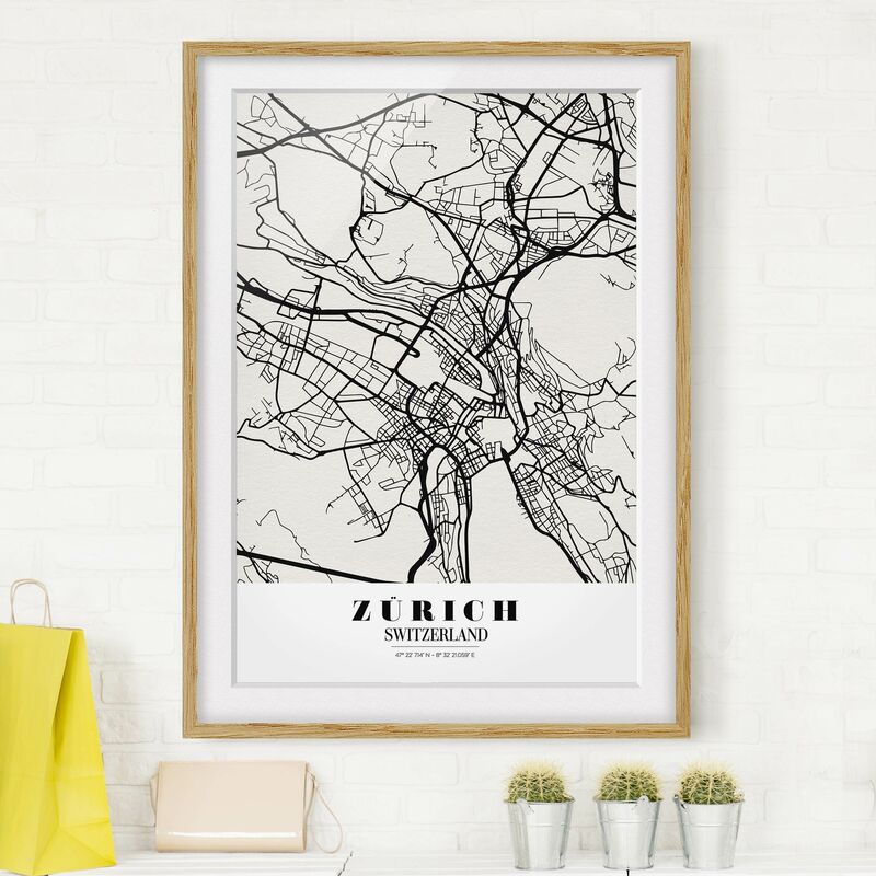 

Póster enmarcado - Zurich City Map - Classic Dimensión LxA: 100cm x 70cm, Marco: Roble