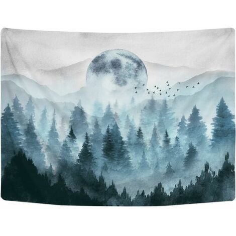 Psychedelic Landscapes Wall Tapestry - Forest in Fog - Infinite Mountains - Dark Blue - Sunshine - Wall Tapestry for Bedroom - 210 x 150 cm