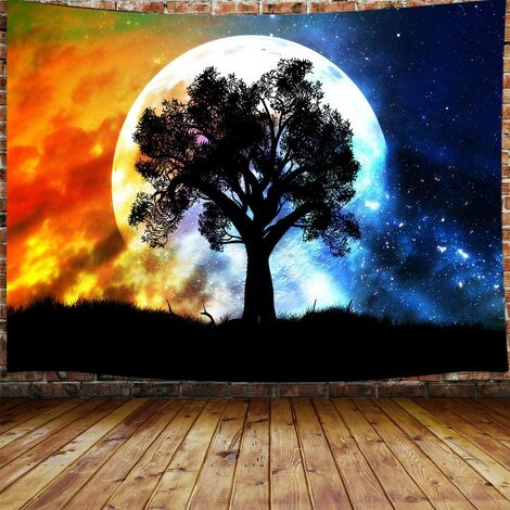 Psychedelic Moon Small Tapestry, Black Tree Colorful Starry Sky Galaxy Stars Tapestry Wall Hanging for Bedroom, Trippy Hippie Tapestry Beach Blanket College Dorm Home Decor (60"W X 40"H)