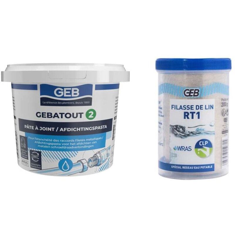GEB - Pâte à joint atout 500 gr et son Dévidoir 200 gr de filasse de lin RT1 pour étanchéité des réseaux sanitaires - Certifié au contact eau potable
