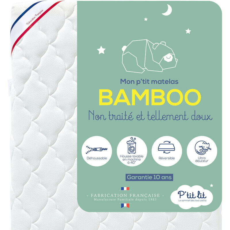P'tit Lit - Matelas Bébé Bamboo - 60x120x10 cm - Viscose Douce et Absorbante - Sans traitement chimique - Déhoussable - Oeko Tex® - Fabrication
