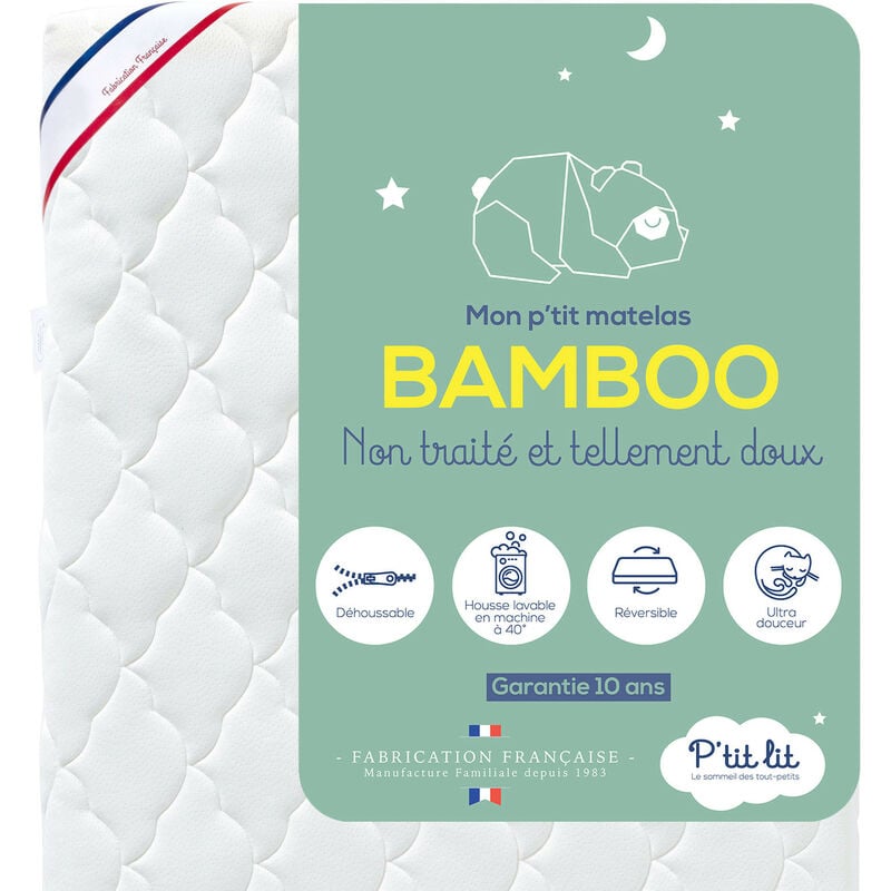 P'tit Lit - Matelas Enfant/Bébé Bamboo - 70x140x10 cm - Viscose Douce et Absorbante - Sans traitement chimique - Déhoussable - Oeko Tex®