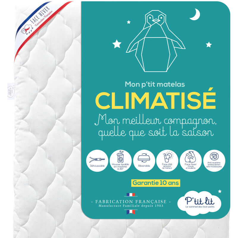 Matelas Enfant/Bébé Climatisé - 70x140 cm - 1 face Été fraîche / 1 face Hiver ouatinée - Anti Acarien - Déhoussable - Oeko Tex® - Fabrication