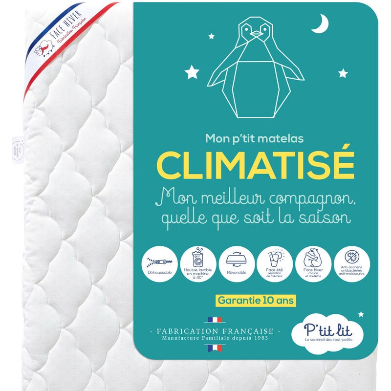 P'tit Lit - Matelas Enfant/Bébé Climatisé - 70x140 cm - 1 face Été fraîche / 1 face Hiver ouatinée - Anti Acarien - Déhoussable - Oeko Tex®