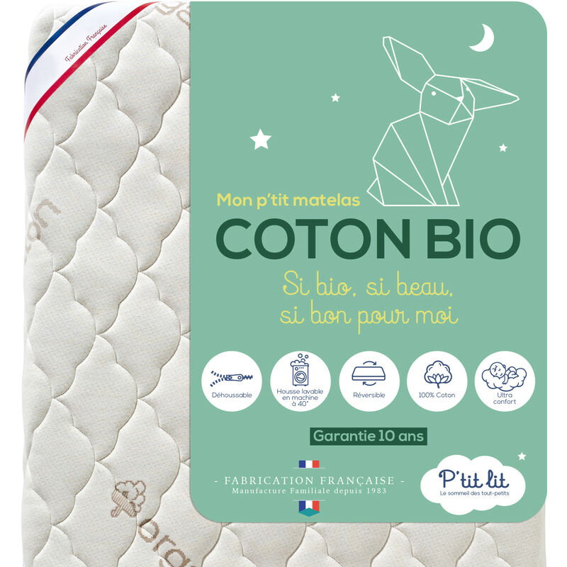P'tit Lit - Matelas Bébé Coton Bio - 60x120 cm - 100% Coton : matière Naturelle d'origine Végétale - Sans traitement chimique - Déhoussable - Oeko