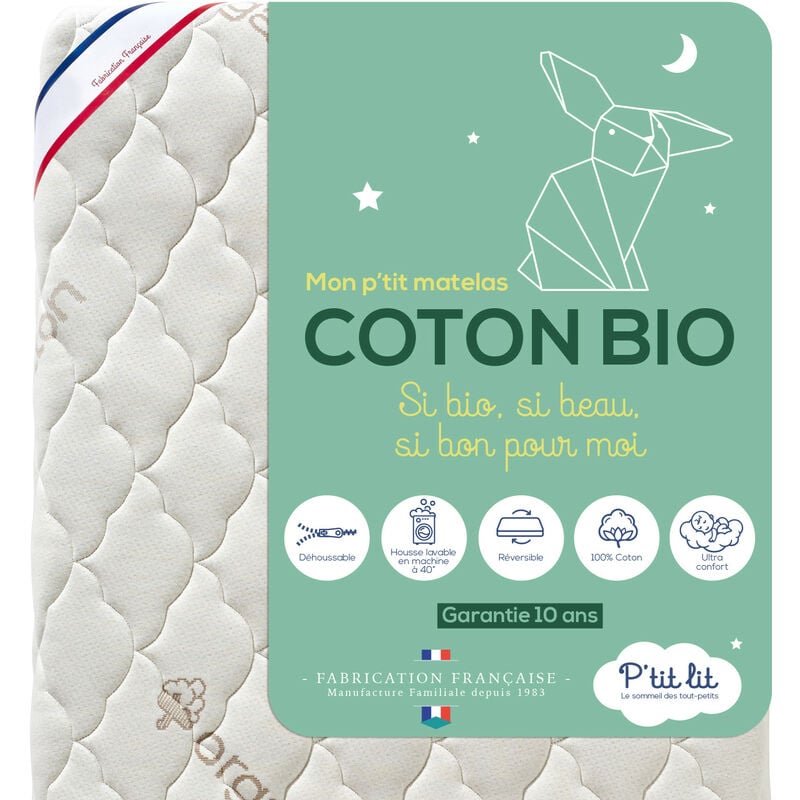 p'tit lit - matelas bébé coton bio - 60x120x10 cm - 100% coton : matière naturelle d'origine végétale - sans traitement chimique - déhoussable - oeko