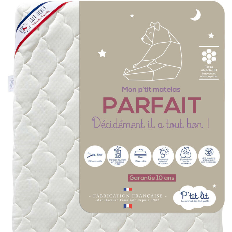 P'tit Lit - Matelas Enfant/Bébé Parfait - 70x140x10 cm - 2 Faces : Ultra Respirant l'Été / Chaud et douillet l'Hiver - Anti Acarien - Déhoussable