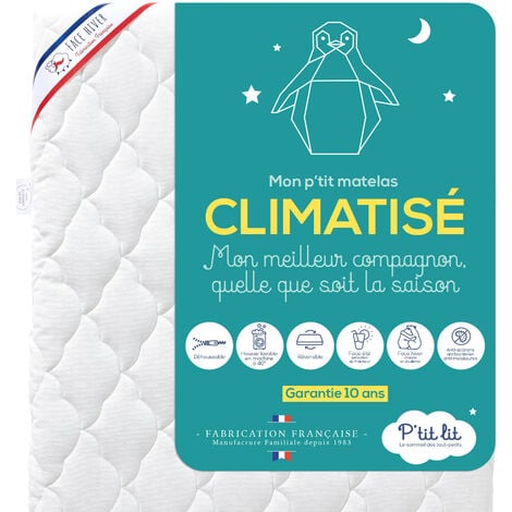 P'tit Lit - Matelas Enfant/Bébé Climatisé - 70x140 cm - 1 face Été fraîche / 1 face Hiver ouatinée - Anti Acarien - Déhoussable - Oeko Tex® - Fabrication Française