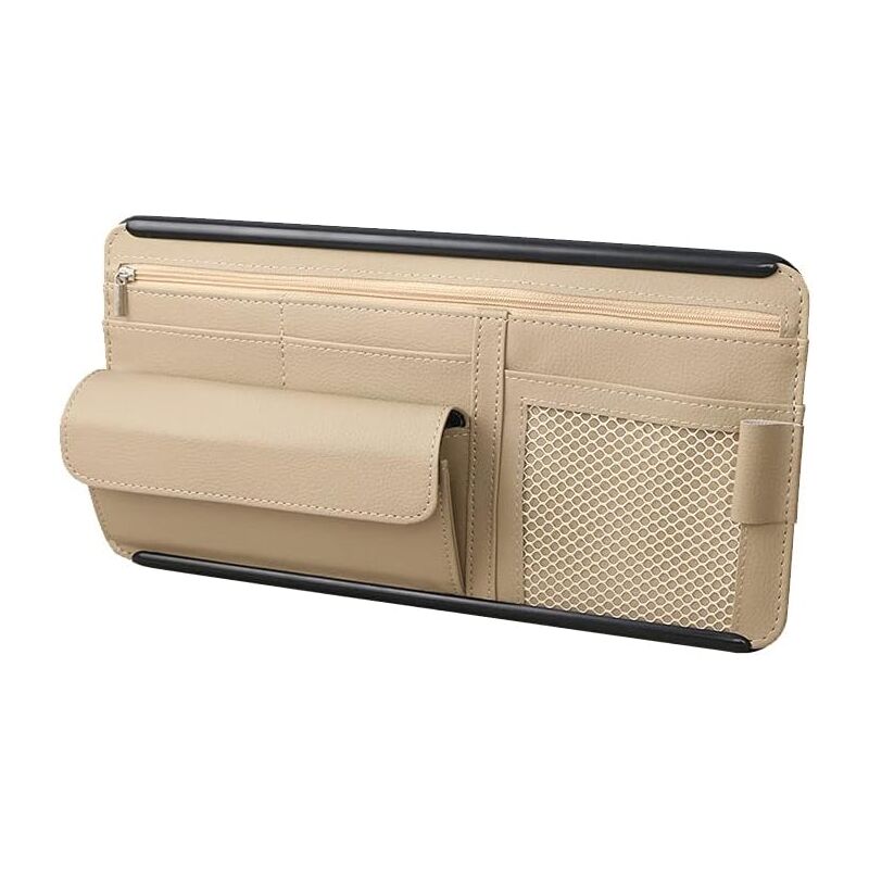 Memkey - pu Leather Car Sun Visor Organizer for Cards, Glasses, Multiple Pockets (Beige)