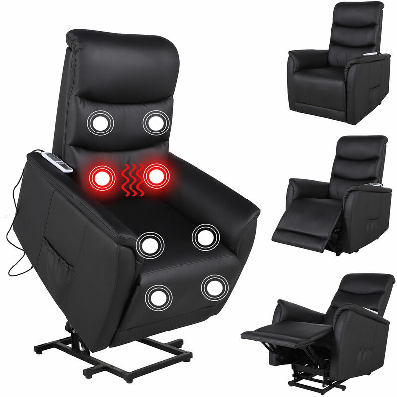 Pu Leather Power Massage Lift Recliner Chair with Heat Vibration - Black