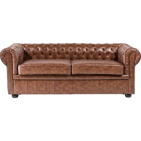 PU Leather Sofa 3 Seater Button Tufted Scroll Arms Golden Brown Chesterfield