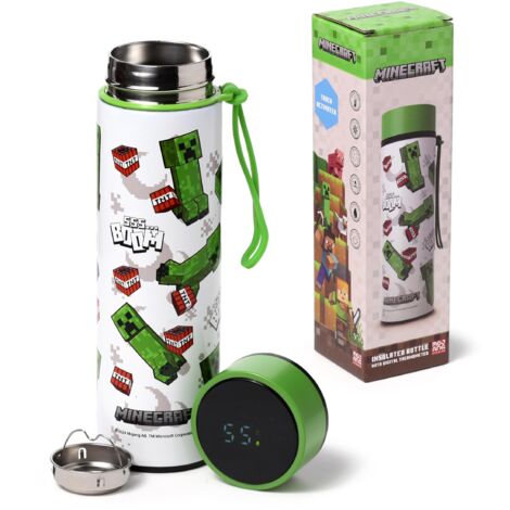 Puckator Bottiglia Termica in Acciaio con Termometro LED - Creeper & TNT - Borraccia Minecraft 450ml - Design a Doppia Parete