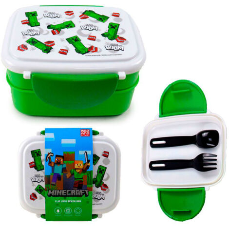 Puckator Fiambrera Bento con cubiertos y cierre de clip – Creeper y TNT – Minecraft