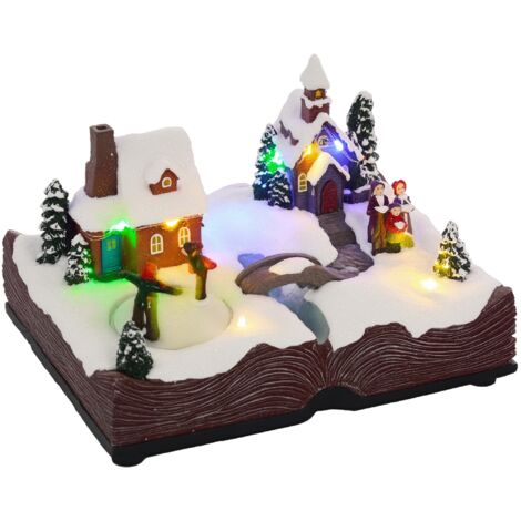 Pueblo navideño con base de Biblia abierta escena navideña con luces LED música y patinadores giratorios decoración de Navidad 23x18x15 cm multicolor
