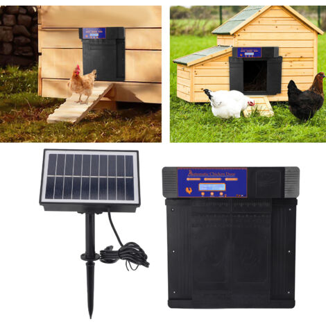 Puerta automática para gallinero con doble entrada, temporizador, iluminación LED y panel solar – Puerta eléctrica negra para gallinas, patos y gansos.