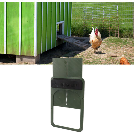 Puerta automática para gallinero, de plástico, fotosensible, funciona con pilas (AA), dimensiones 35 x 24 cm, color verde oliva.