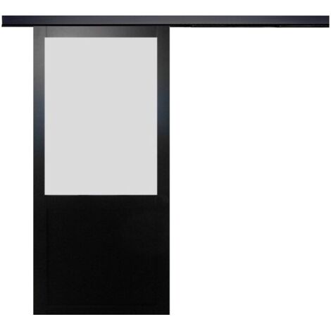Puerta corredera Athena negra con vitrina H204 x L73 cm, riel de aluminio con banda negra, GD MENUISERIES