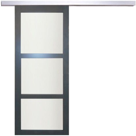 Puerta corredera Blakeria gris antracita con vitrina H204 x L93 cm, riel de aluminio, GD MENUISERIES