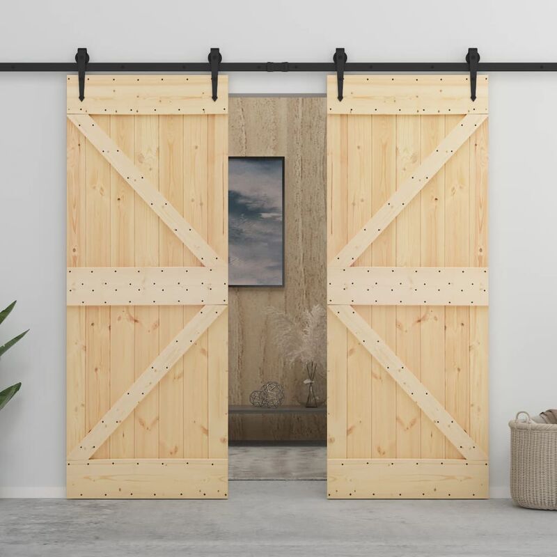 

Puerta corredera con herrajes madera maciza de pino 100x210 cm - Marrón