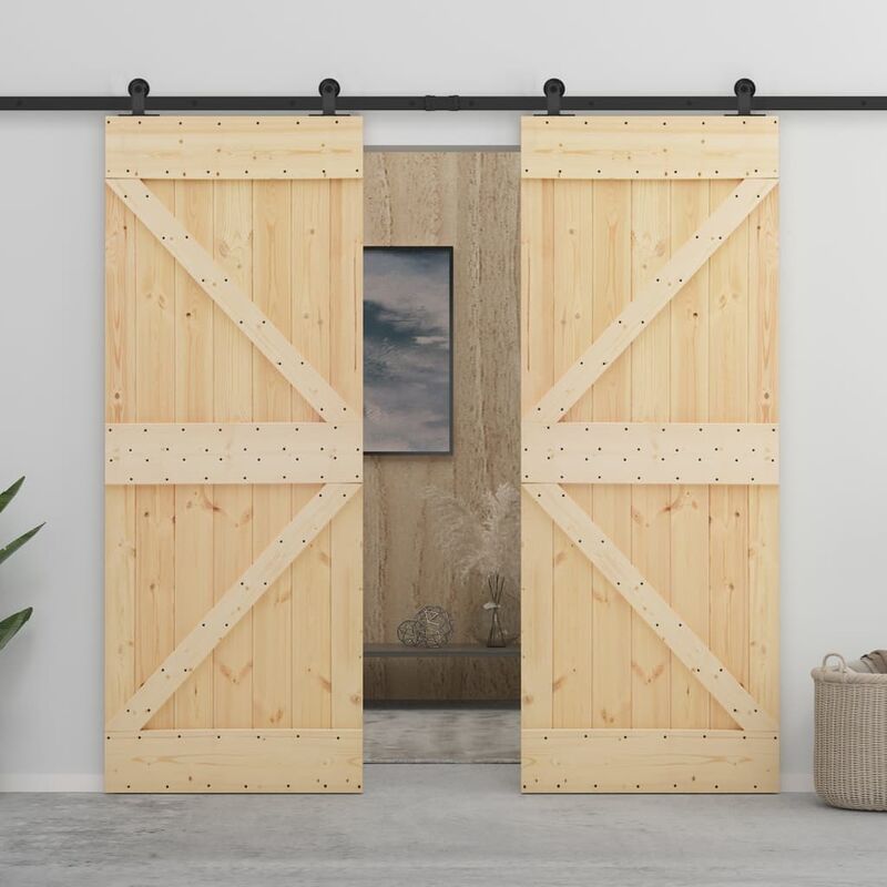 

Puerta corredera con herrajes madera maciza de pino 100x210 cm - Marrón