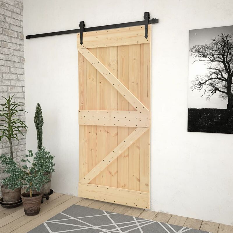 

Puerta corredera con herrajes madera maciza de pino 100x210 cm - Marrón