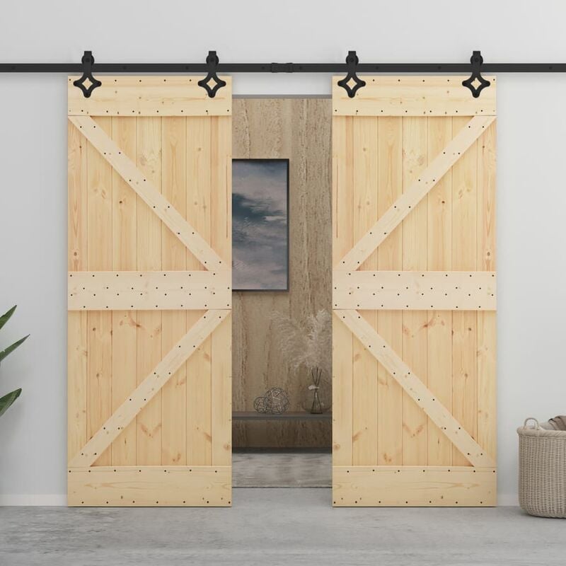 

Puerta corredera con herrajes madera maciza de pino 100x210 cm - Marrón