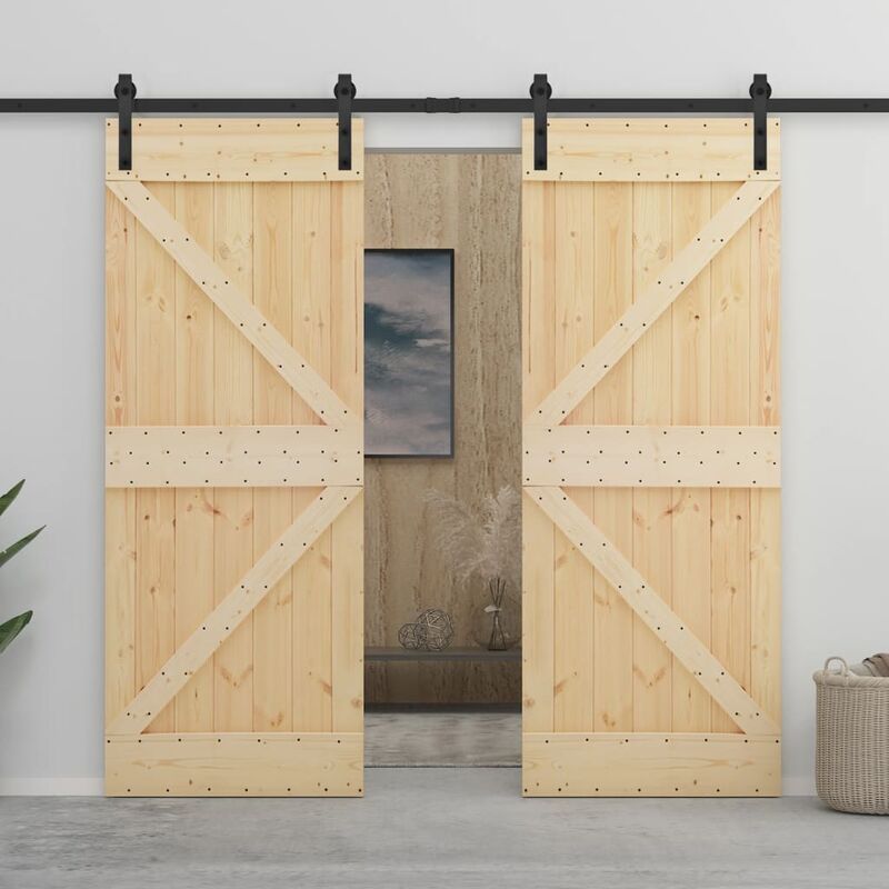 

Puerta corredera con herrajes madera maciza de pino 100x210 cm - Marrón