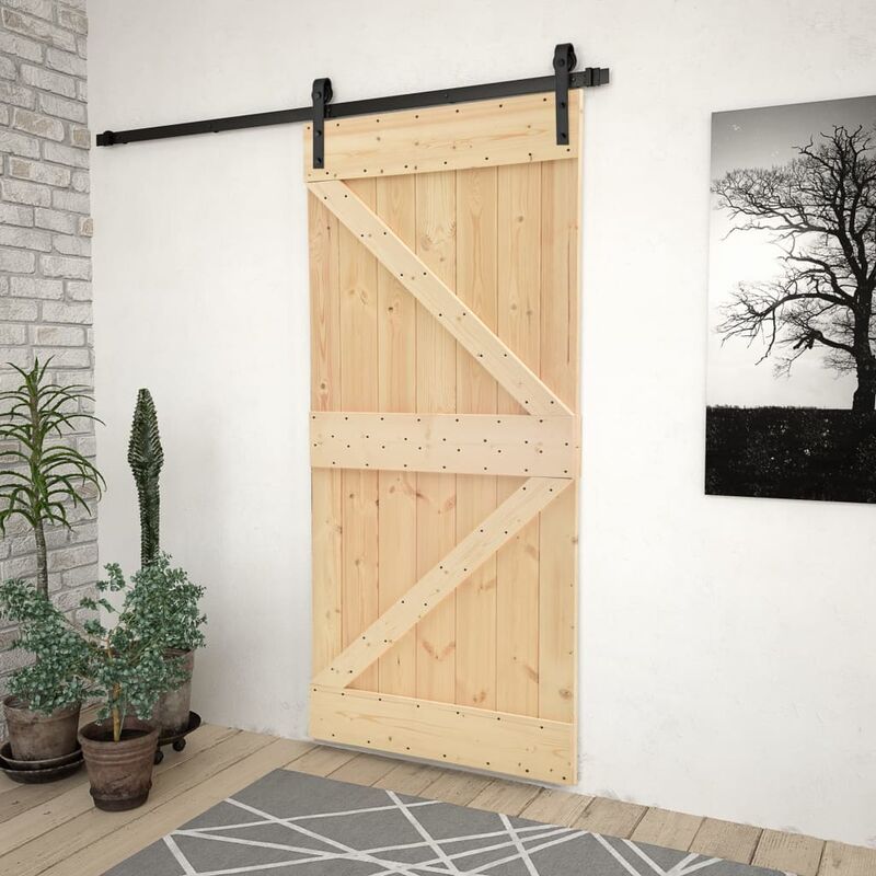 

Puerta corredera con herrajes madera maciza de pino 100x210 cm - Marrón
