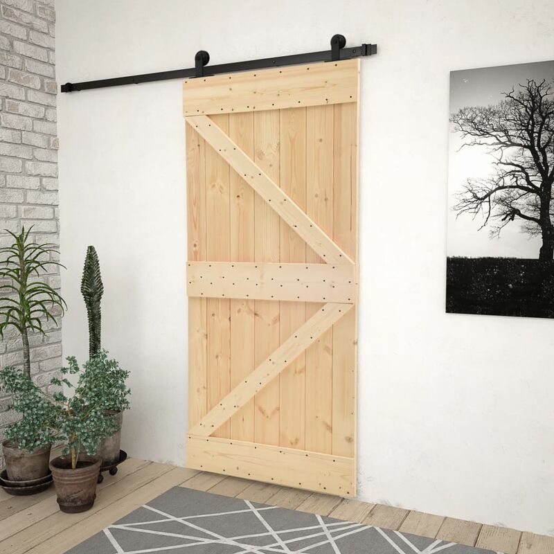 

Puerta corredera con herrajes madera maciza de pino 80x210 cm - Marrón