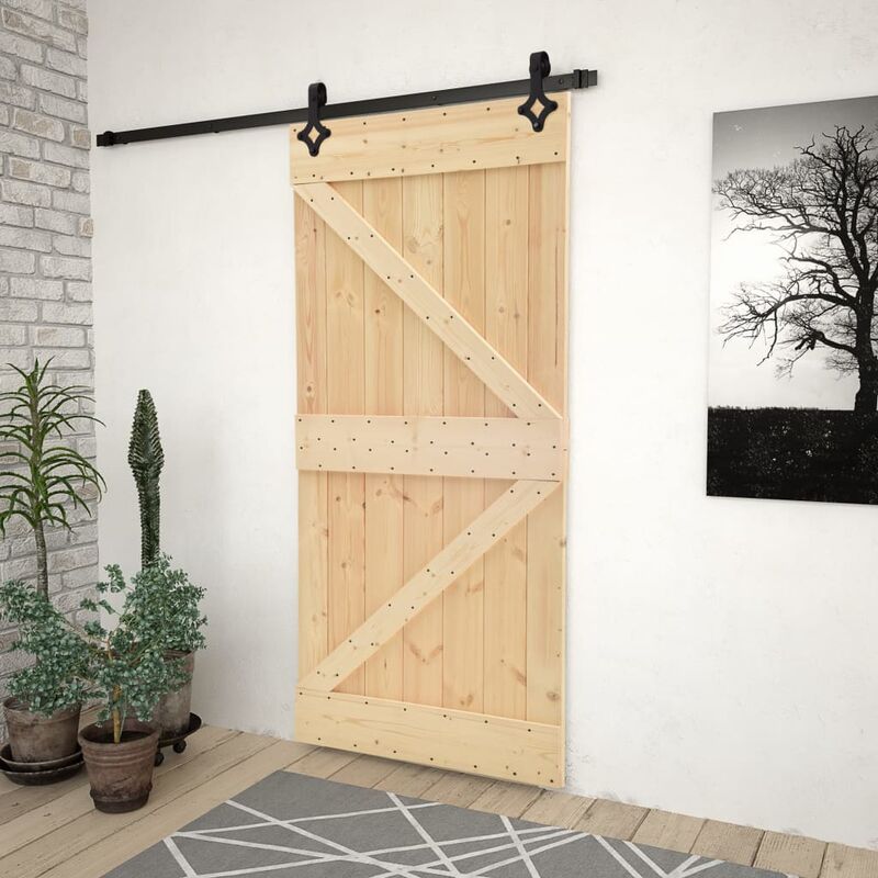 

Puerta corredera con herrajes madera maciza de pino 80x210 cm - Marrón